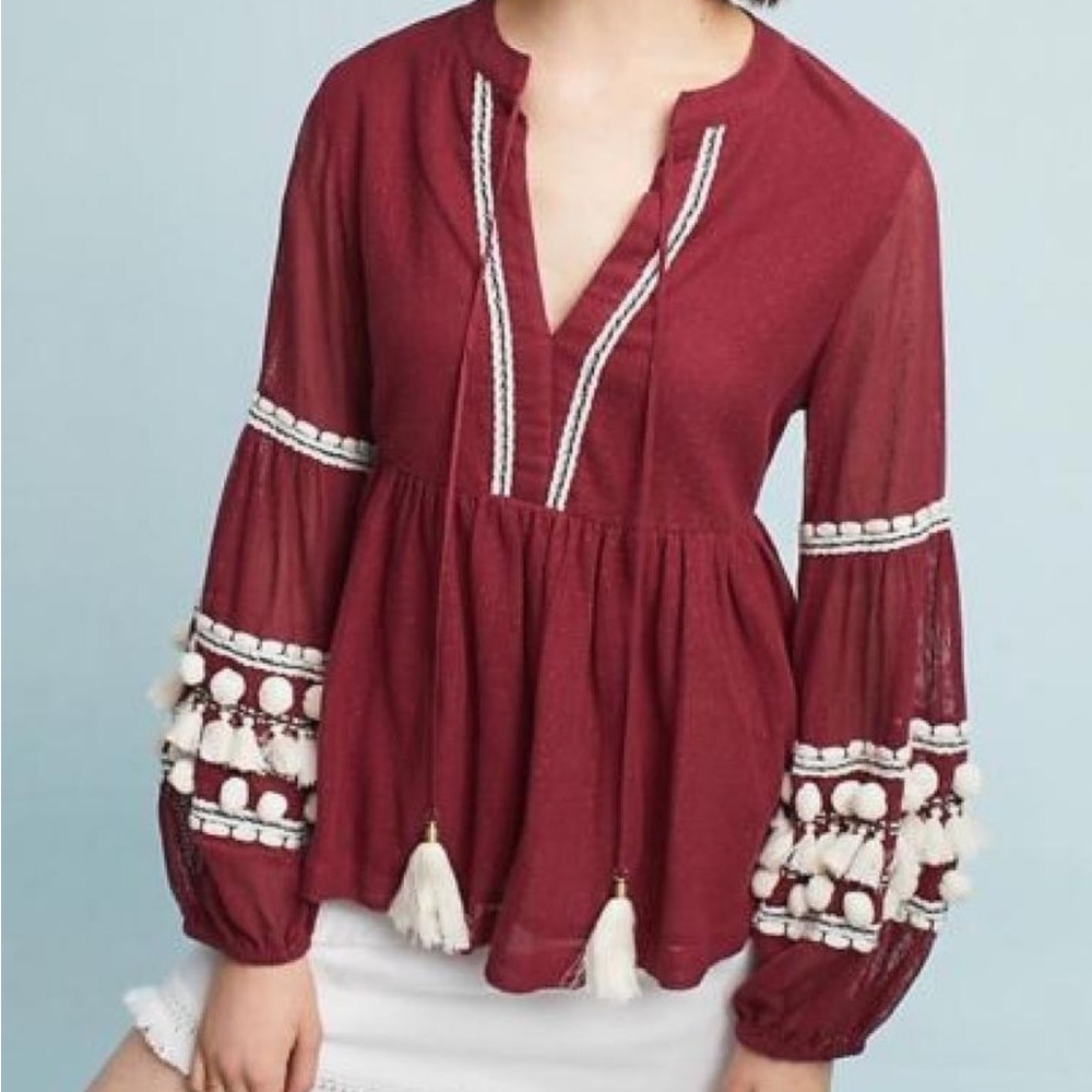 Anthropologie Vineet Bahl Embellished Long Sleeve Blouse with Mandarin Collar